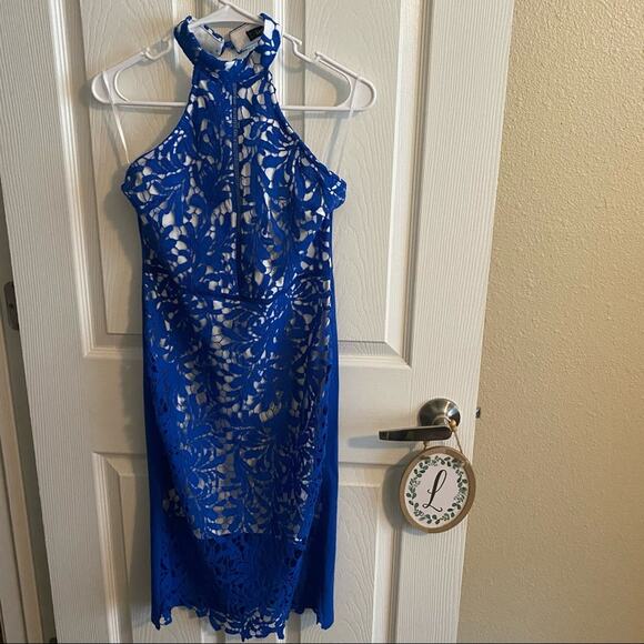 SHEIN Slit Hem Guipure Lace Overlay Pencil Dress Women's Size Small Blue - Picture 2 of 14